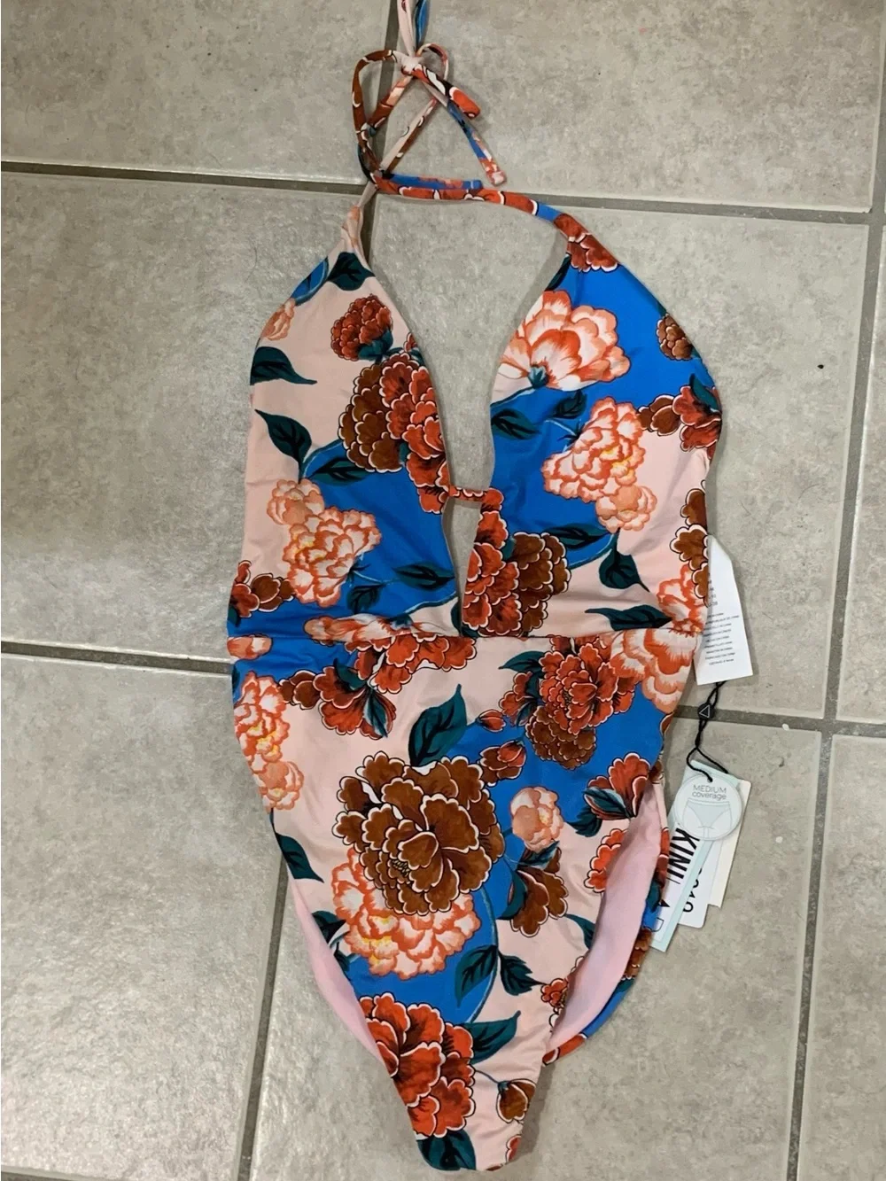 The Bikini Lab Floral Halter One-Piece Swimsuit - Pink, Blue & Brown